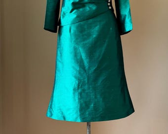 50s Raw Silk Skirt Suit: Malachite Green Shawl Collar, Size S-M