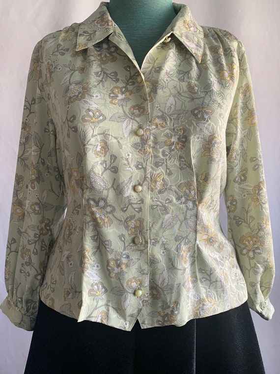 80s 90s Aesthetic Floral Blouse Shirt in Light Gr… - image 2