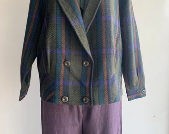 80s Pure Wool Bomber Jacket in Tartan Check Made in Japan/Notch Lapel Double Breast Blazer in Autumn Earthy Hue/Fall Winter Outerwear/S-M