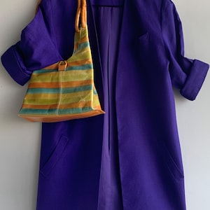 80s 90s Top-Quality Perri Cutten Longline Blazer Jacket Coat in Elegant Violet/Collarless Loose-fit or Oversized Pop-up Style Outfit/SizeS-M