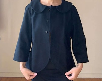 60s Style Wool Crop Jacket Shorter Topper Coat in Black from Tailor Studio/Peter Pan Collar Blazer/Well-made Spring Autumn Outfit/Size S-M
