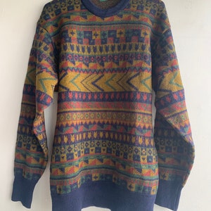80s 90s Gender Neutral Pure Wool Sweater Jumper Pullover in Multicolour Made in Japan/Geometric Crew Neck Warm Wool Knitwear/Size S-M