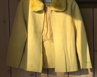 90s Crocodile Statement Wool Jacket Blazer Coat in Cool Lemon Yellow with Luxury Rex Rabbit Fur Collar/Urban aesthetic Commuter Wear/SizeS-M