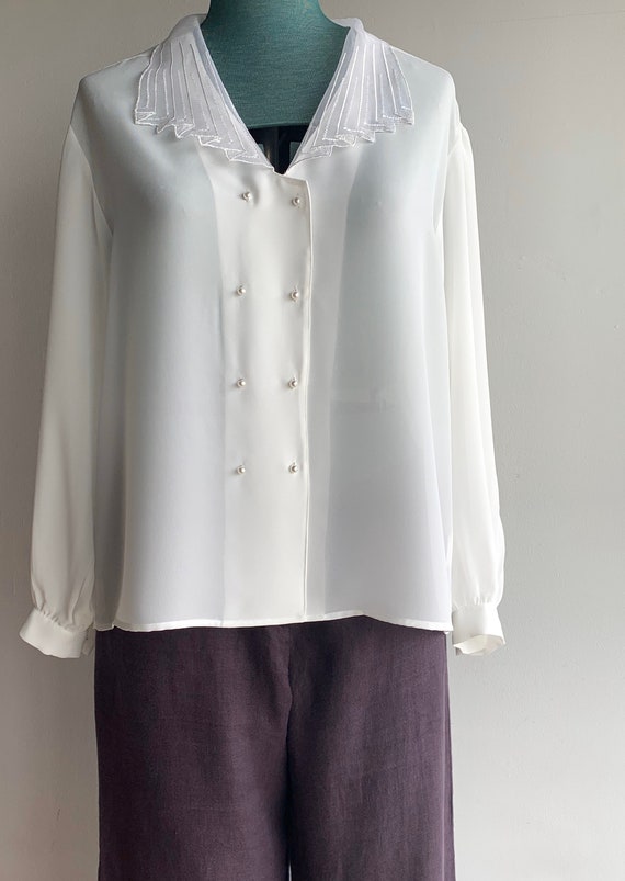 80s Semi-transplant Sleek Blouse Shirt Top/Snow Wh