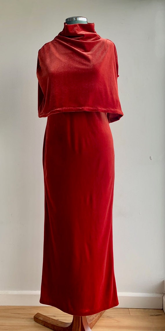 80s 90s Velvet Scarlet Red Evening Dress with Mat… - image 5