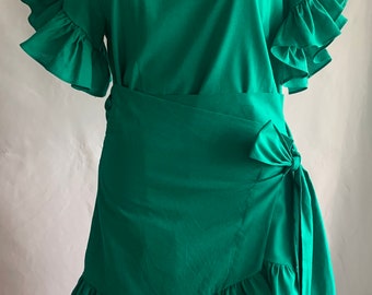 00s Mini Ruffle Sheath Dress in Elegant Green/Self-tie Front Flap Dress/Cotton Linen Spring Summer Dress/Occasions Events Dress/Size S-M