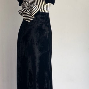 Vestido raro dos anos 70 com cintura império em preto e branco e manga bufante/vestido de veludo de seda para eventos especiais/vestido de coquetel para noite/XS-S