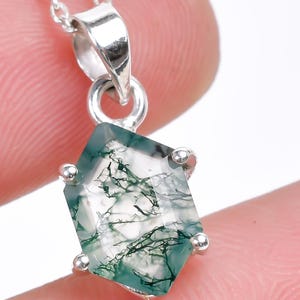Elongated Hexagon Cut Moss agate Necklace Sterling Silver Necklace Moss agate Hexagon Pendant 18 Inch 925 Sterling Silver Necklace Gift Item