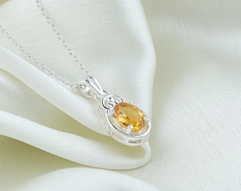 Sterling Silver Citrine Necklace, 18 Inch Yellow Gemstone Pendant, November Birthstone