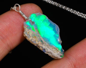 Raw Ethiopian Fire Opal Pendant Necklace:  Sterling Silver, 18 Inch Chain