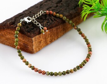Pulsera de unakita hecha a mano: brazalete de piedra curativa bañado en plata