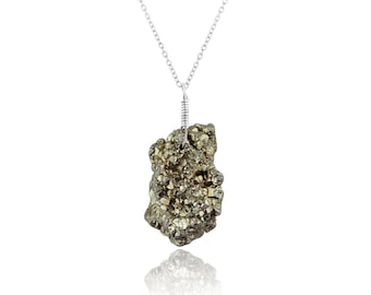 Raw Pyrite Sterling Silver Necklace, 18 Inch Pendant, Natural Crystal Jewelry