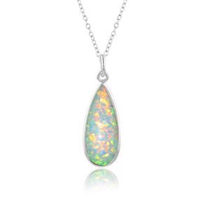 May include: A silver chain necklace with a teardrop-shaped pendant featuring a white opal with iridescent rainbow colors.