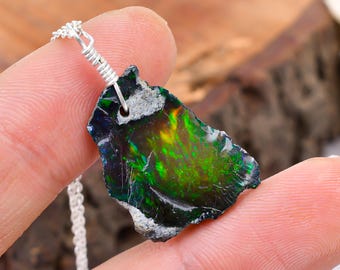 Raw Ethiopian Fire Opal Pendant Necklace: Sterling Silver, 18 Inch Chain