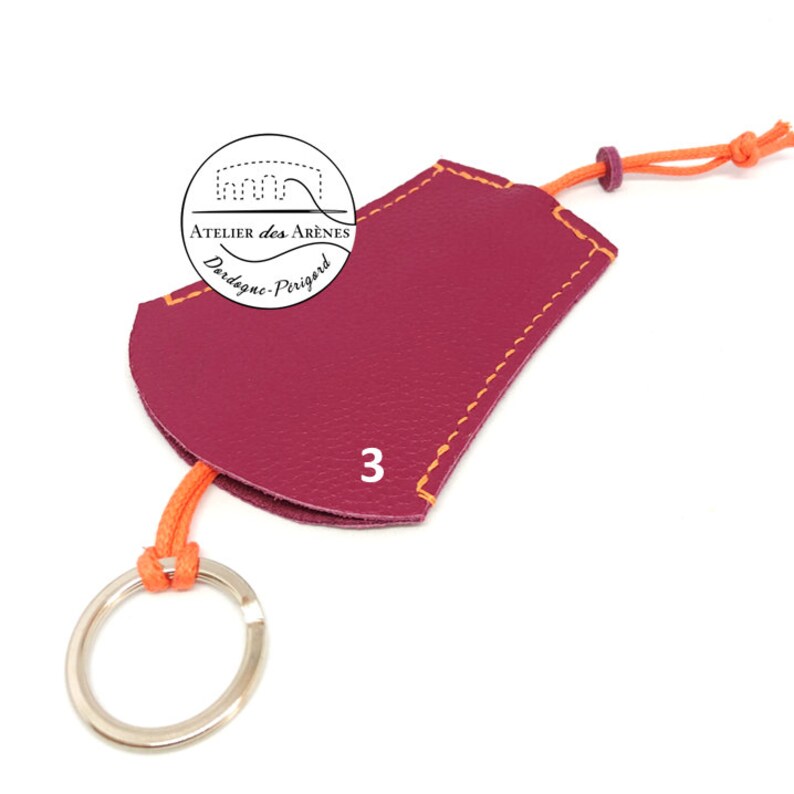 BELL KEY RING in hand-stitched leather with saddle stitch 3 framboise & orange