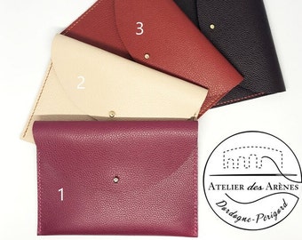 PAPER POUCH, hand-sewn leather pouch with saddle stitch, rounded flap, leather case for identity papers, passports, car papers.