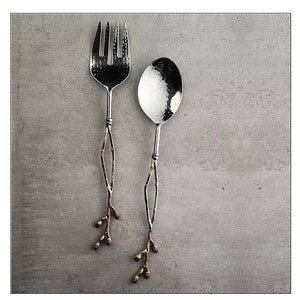Silver Salad Server Set leaf Steel & Brass Salad Serving Utensils with Large Spoon and Fork