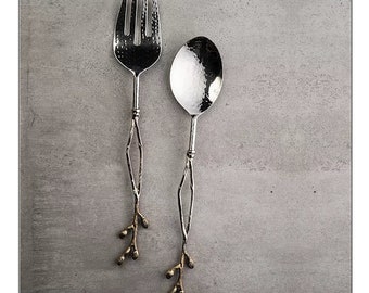 Silver Salad Server Set leaf Steel & Brass Salad Serving Utensils with Large Spoon and Fork