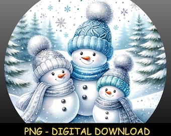 Snowman Family PNG Bundle – Winter Wonderland Scene, Cute Snowmen Clipart, Christmas Sublimation, Digital Download for Crafts & Stickers