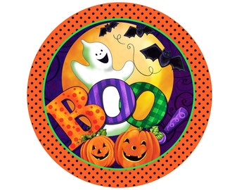 Cute Polka Dot Halloween Wreath Sign with Ghosts and Pumpkins, Signs For Wreaths, Wreath Attachments, Aluminum Wreath Sign