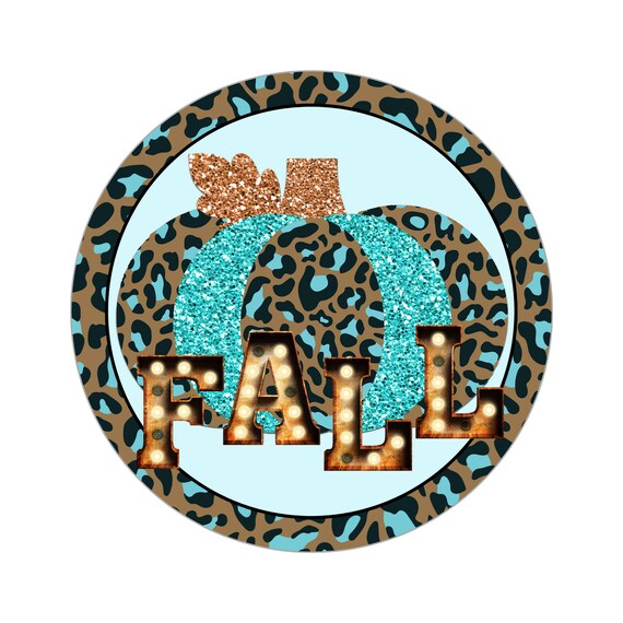 Aqua Leopard Pumpkin Wreath Sign, Signs For Wreaths, Wreath Attachments, Aluminum Fall Wreath Signs for Front Door