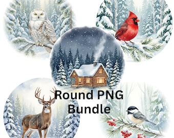 Winter Woodland Round PNG Bundle  Watercolor Christmas Forest Cardinal Deer Owl Cabin Chickadee, Round Sublimation Clipart  Instant Download