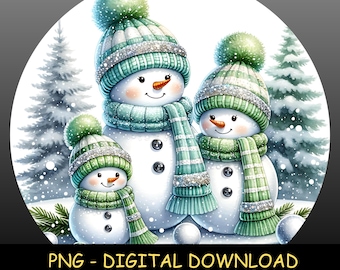 Snowman Family PNG Bundle – Winter Wonderland Scene, Cute Snowmen Clipart, Christmas Sublimation, Digital Download for Crafts & Stickers