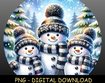 Snowman Family PNG Bundle – Winter Wonderland Scene, Cute Snowmen Clipart, Christmas Sublimation, Digital Download for Crafts & Stickers