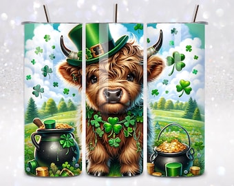 Highland Cow St Patricks Day Tumbler, St Patricks Tumbler, Cute Cow Tumblers, St Patricks Drinkware, St Patricks Day Gifts Festive Irish Cup
