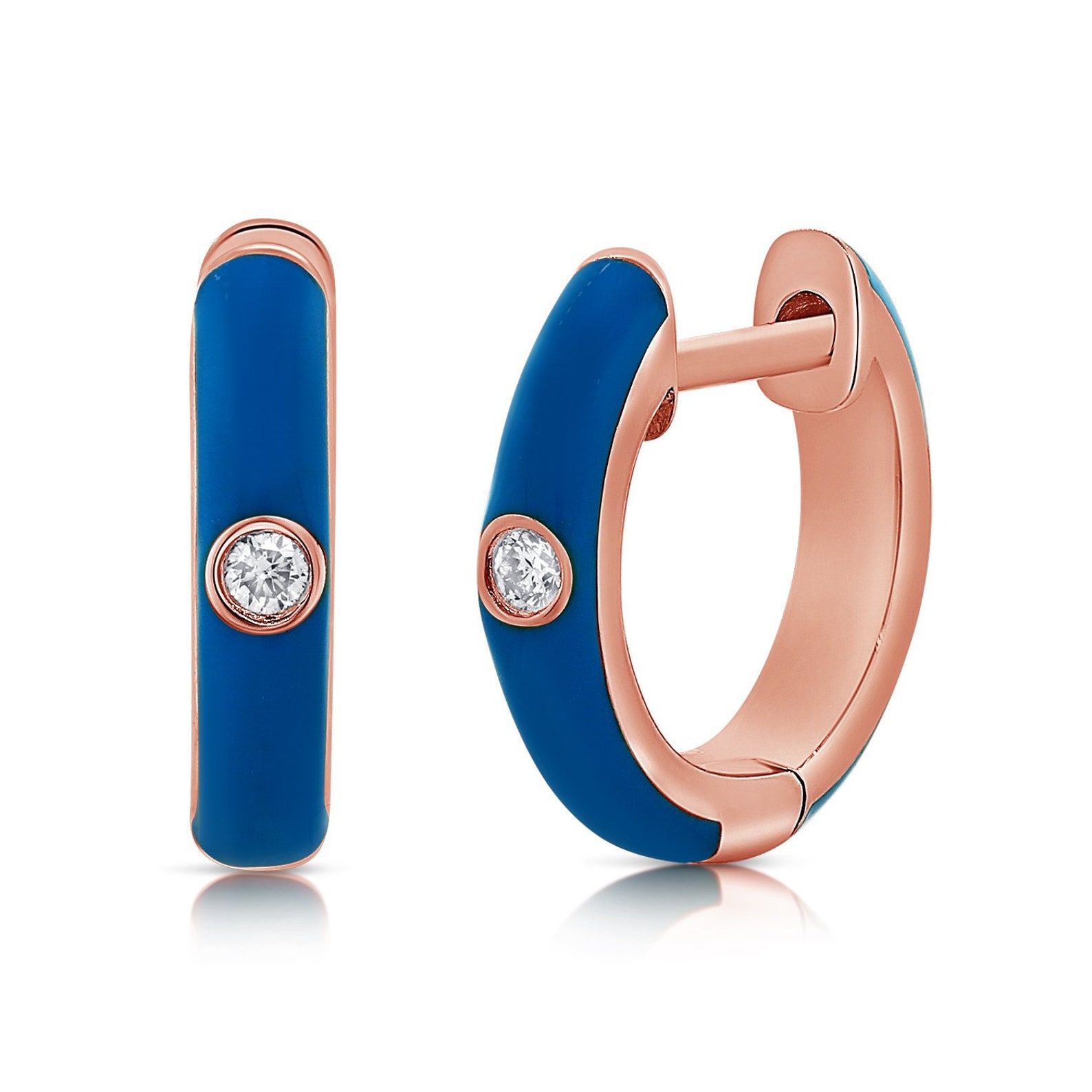 14K Gold Blue Enamel & Diamond Huggie Earrings Round Diamond Etsy