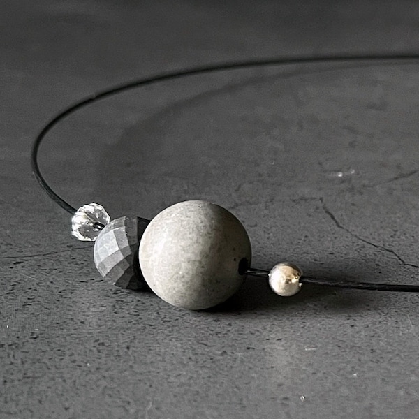 Concrete necklace. Geometric jewelry. Raw minimalism. Stainless steel wire. Handmade concrete design. Choker necklace.