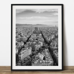 The Sagrada Familia in the distance, Barcelona, black & white travel photography. Printable wall art. Ready made to print out for any ratio.