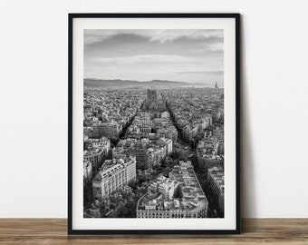 The Sagrada Familia in the distance, Barcelona, black & white travel photography. Printable wall art. Ready made to print out for any ratio.