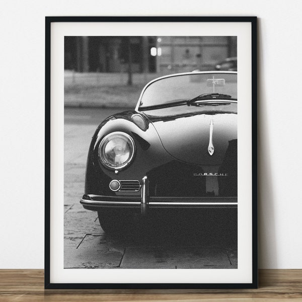 An old Porsche black and white vehicle photography.  Printable wall art. Ready made to print out for any ratio.