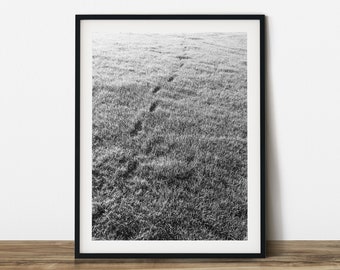 Footprint on the new grass black and white nature photography.  Printable wall art. Ready made to print out for any ratio.