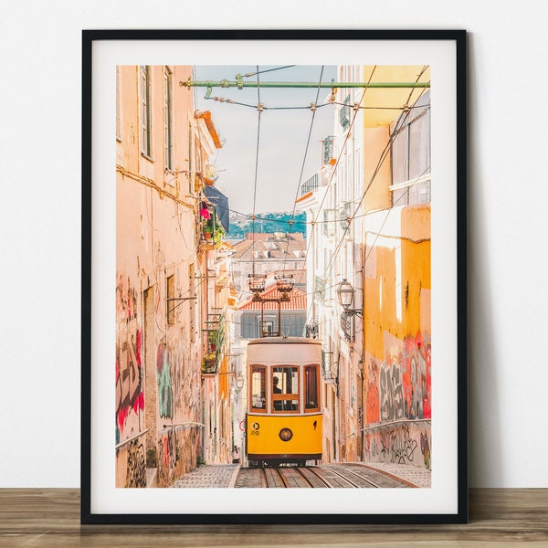 Lisbon print, A yellow tram up the hill in Lisbon color travel photography.  Printable wall art. Ready made to print out for any ratio.