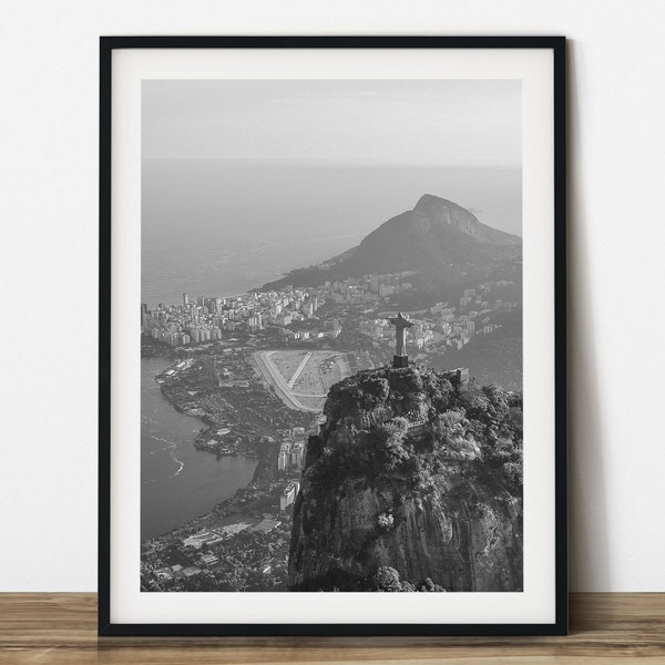 Christ the Redeemer in Rio de Janeiro, Brazil black and white travel photography.  Printable wall art. Ready made to print out.