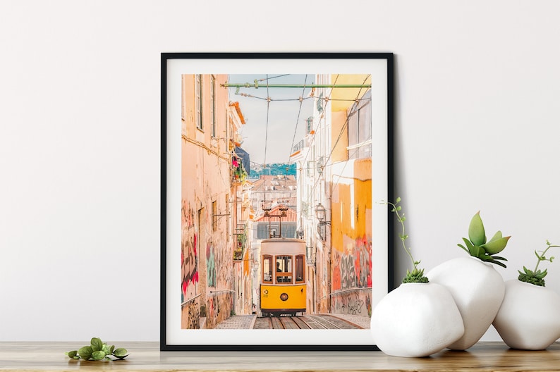 Ready made to print out for any ratio. Printable wall art Lisbon print A yellow tram up the hill in Lisbon color travel photography