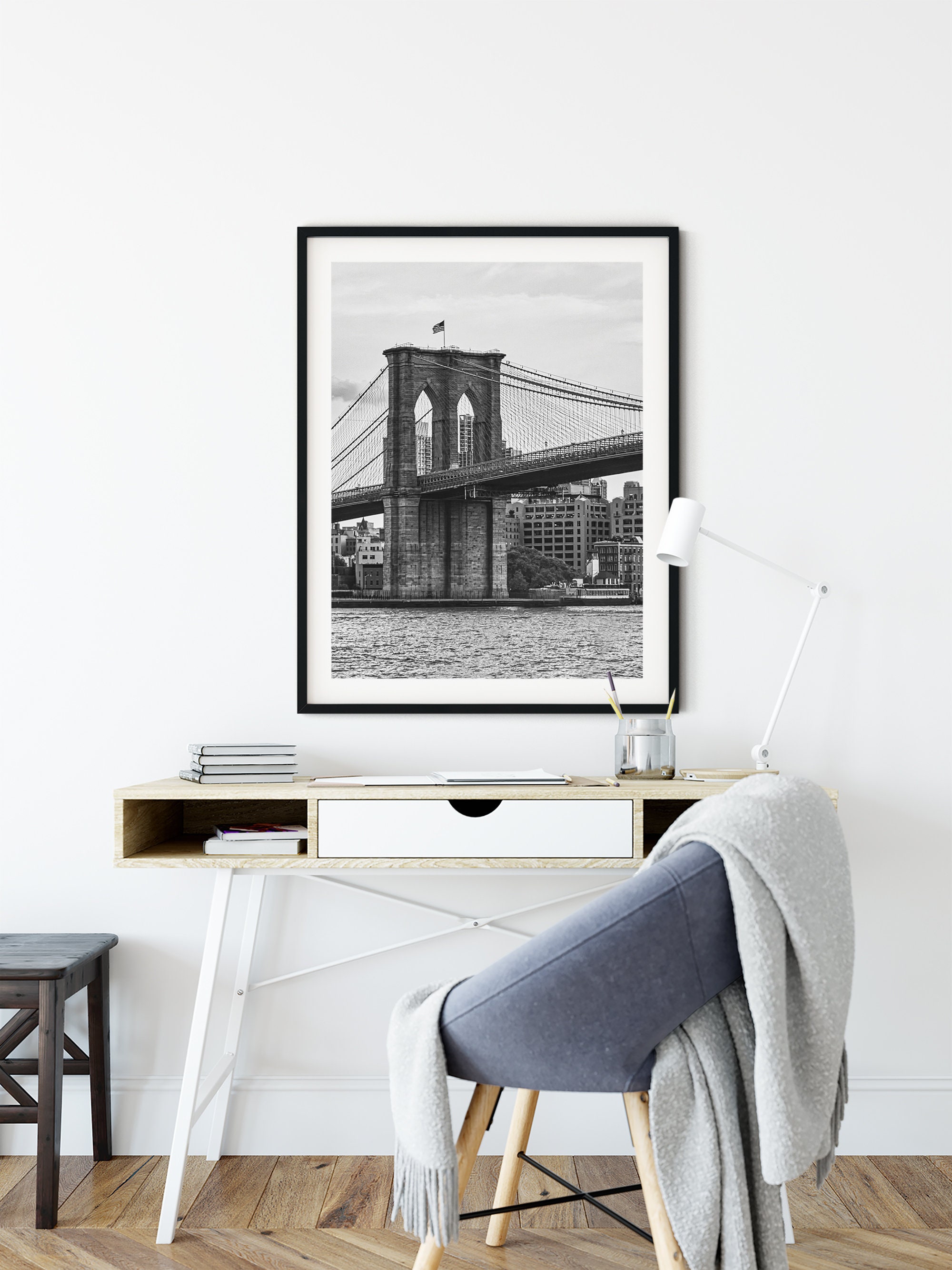 Brooklyn Bridge from the across in New York black & white | Etsy