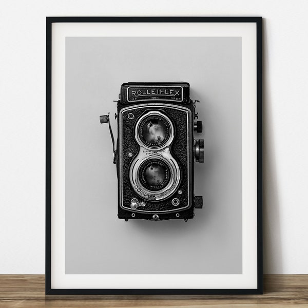 Rolleiflex antigua cámara réflex clásica de doble lente fotografía en blanco y negro. Arte de pared imprimible. Listo para imprimir en cualquier proporción.