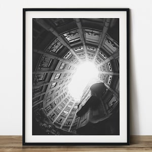 Casa Mila by Antoni Gaudi, The Sky from the courtyard at Barcelona black and white travel photography.  Printable wall art.