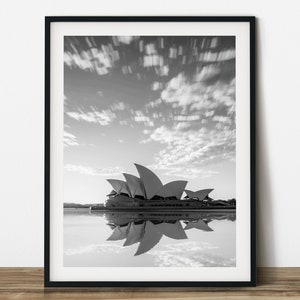 Sydney Opera House and reflection black and white travel photography.  Printable wall art. Ready made to print out for any ratio.