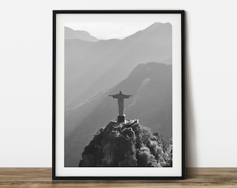 Christ the Redeemer Print: Rio de Janeiro Black and White Photography (Digital Download)
