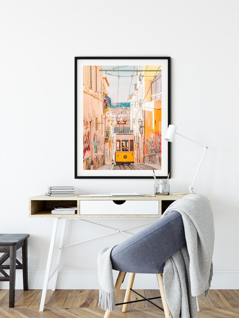 Ready made to print out for any ratio. Printable wall art Lisbon print A yellow tram up the hill in Lisbon color travel photography