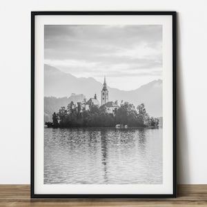 Bled island, Resort town at the lake in Slovenia black and white travel photography.  Printable wall art. Ready made to print out.