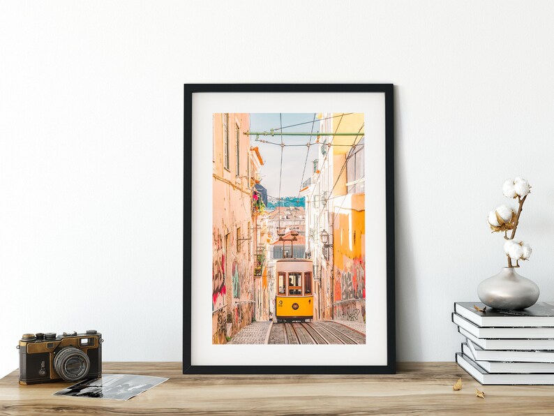 Ready made to print out for any ratio. Printable wall art Lisbon print A yellow tram up the hill in Lisbon color travel photography