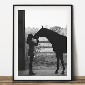 Horse print.A woman give her horse a big kiss at stall black and white animal photography. Printable wall art. Ready made to print out.