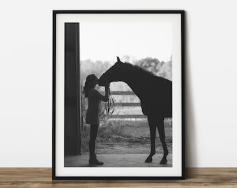 Horse print.A woman give her horse a big kiss at stall black and white animal photography. Printable wall art. Ready made to print out.