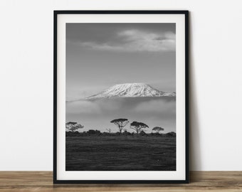 Mount Kilimanjaro&#39;s snow top from savana, black & white travel photography. Printable wall art. Ready made to print out for any ratio.