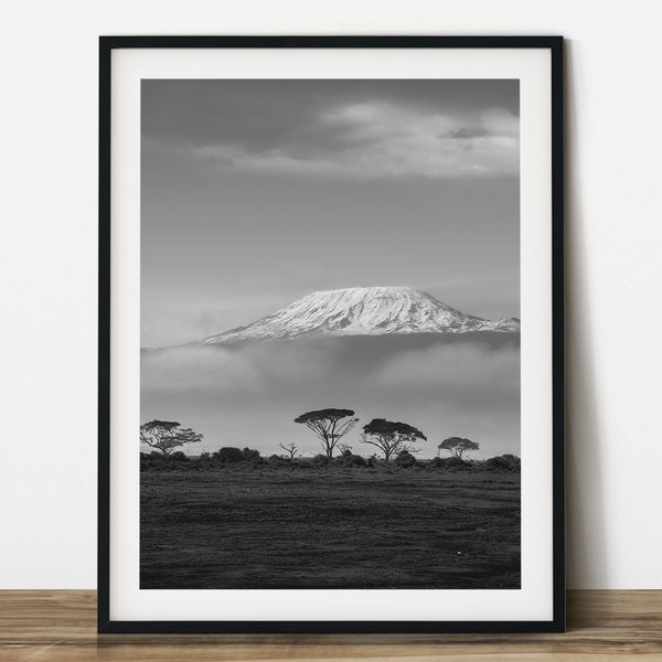 Mount Kilimanjaro's snow top from savana, black & white travel photography. Printable wall art. Ready made to print out for any ratio.